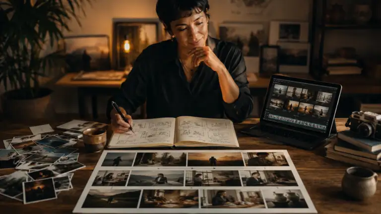 Filmmaker reviewing a warm cinematic portrait scene on a monitor, representing visual storytelling in small business video production