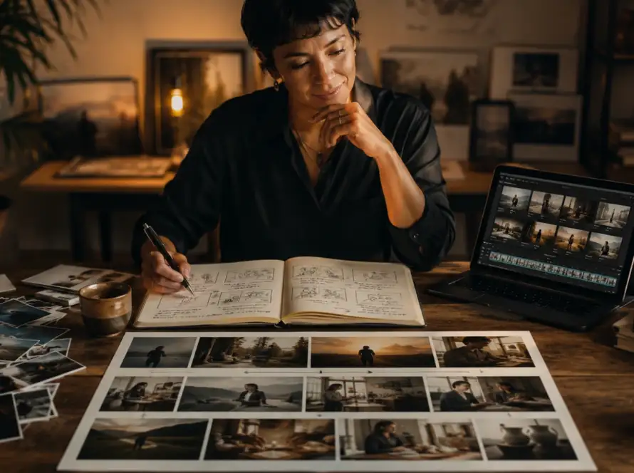 Filmmaker reviewing a warm cinematic portrait scene on a monitor, representing visual storytelling in small business video production