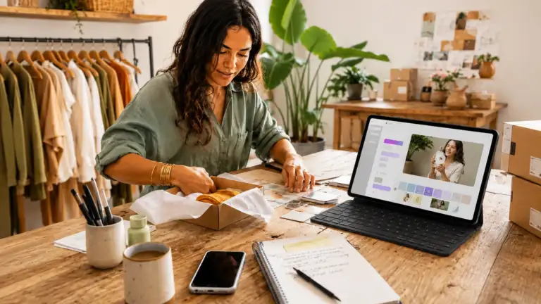 Small business owner packing customer orders while using an AI video marketing tool, illustrating how Canva Grow 2.0 could support everyday content creation and business growth.