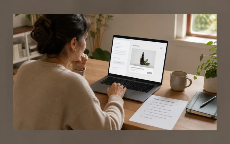 Small business owner reviewing an ad preview and compliance checklist at a laptop