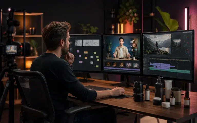 Three proven AI video-making tools represented through cinematic production screens
