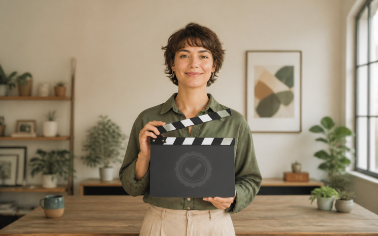 Small business owner holding a clapperboard with a soft authentication seal, representing video provenance.