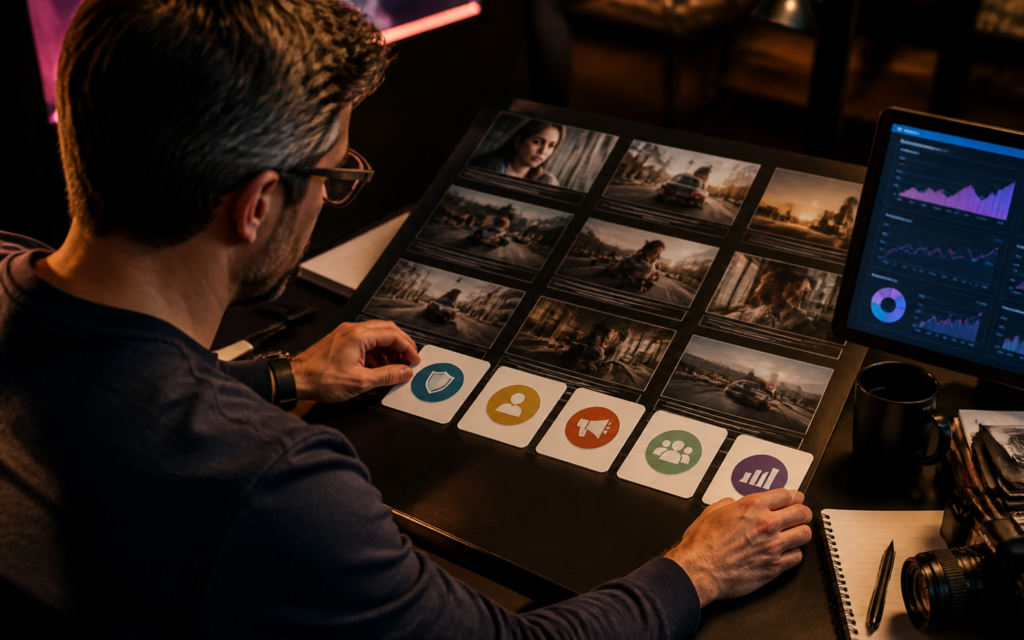 Marketing lead reviewing five approval markers beside AI video ad storyboards and campaign performance data.