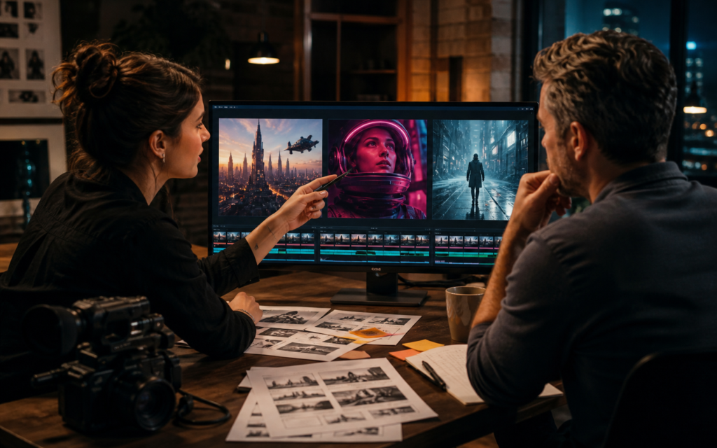 Producer and small business founder reviewing three AI-produced video concepts alongside storyboards and a camera.