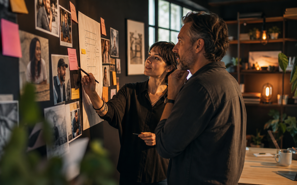 Corporate storytelling team reviewing authentic customer proof and a story framework in a warm creative studio.
