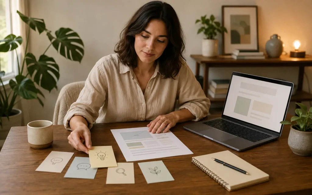 Small business owner curating a story outline beside a laptop and content notes