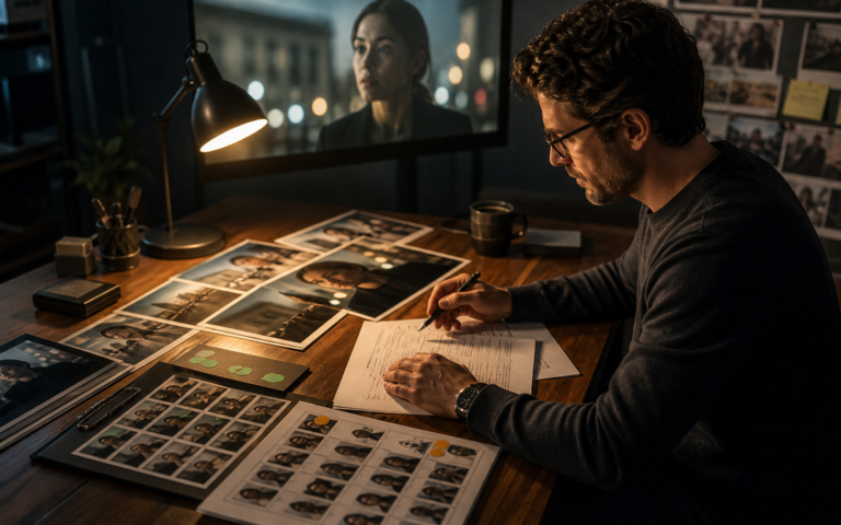 Producer reviewing synthetic video frames, source references, consent records, and approval materials before publication.