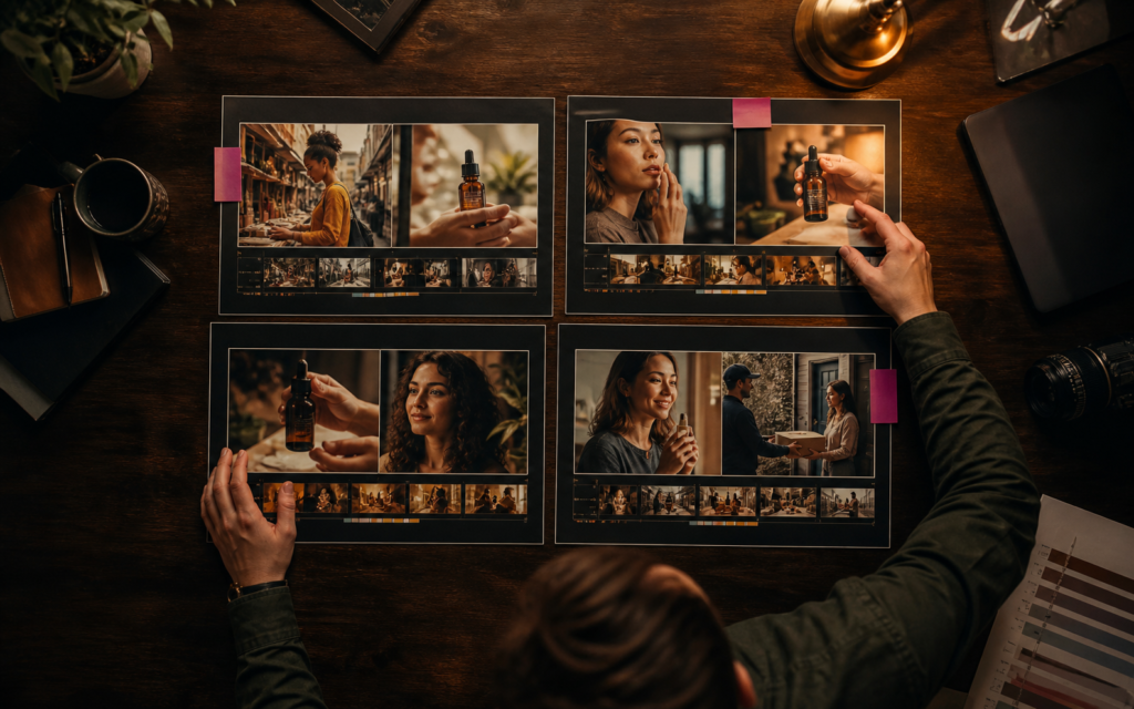 Video Ad AI: 4 Formats for the Customer Decision in 2026 1 Brand strategist arranging four video ad storyboards for discovery, consideration, proof, and purchase.