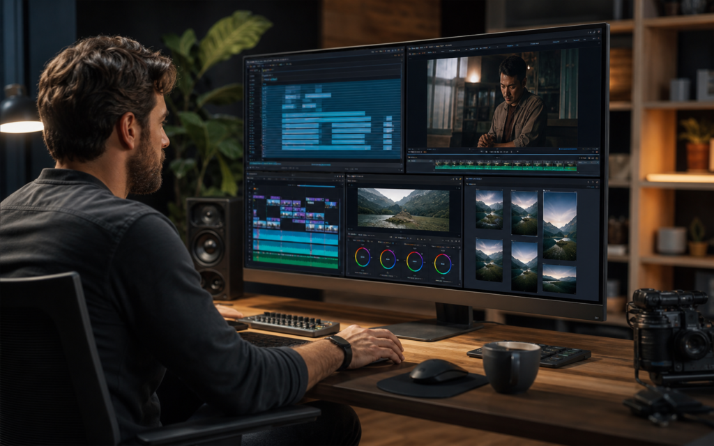 Video Editor AI Tool: 4 Smart Jobs to Automate in 2026 1 Video editor supervising four AI-assisted workflows for cutting, color, cleanup, and social formatting.