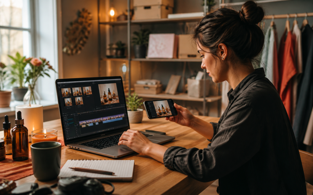 Small business owner editing product footage with accessible free AI video-making tools on a laptop and phone.