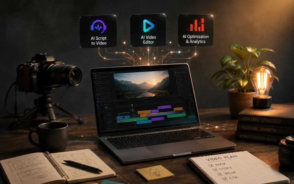 AI video creation workspace comparing three YouTube AI video tools for scripting, editing, and optimization in 2026.
