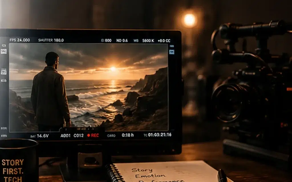 AI Film: 7 Production Rules That Turn Generated Shots Into Cinema 6 Warm cinematic production workspace with monitor, camera and story notes representing human-directed AI filmmaking.