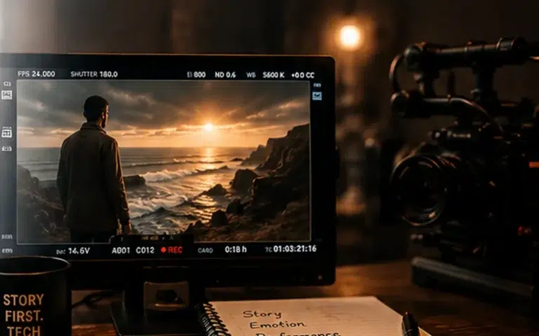 Warm cinematic production workspace with monitor, camera and story notes representing human-directed AI filmmaking.