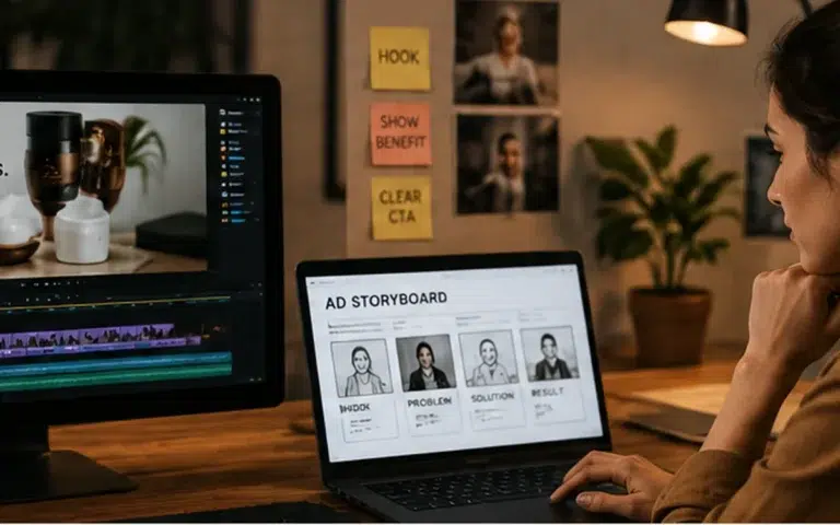 Warm editorial marketing workspace comparing an AI video ad storyboard with a finished product advertisement.