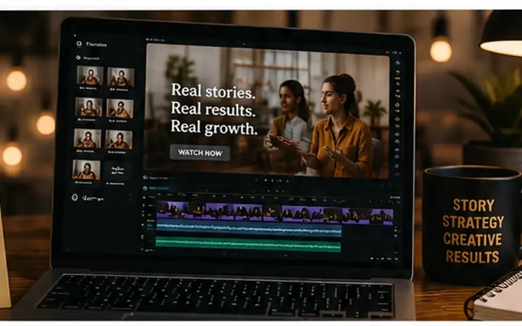 Warm editorial marketing workspace reviewing product source material and AI-generated video ad output.