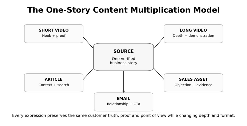 AI Video Content Marketing: 7 Rules for a System That Compounds in 2026 1 Warm editorial content-production workspace mapping one source story across video, email, web and audience touchpoints