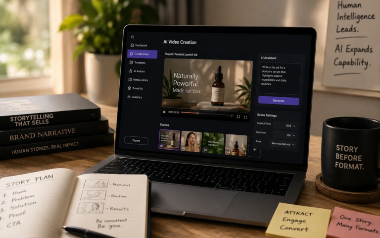 Warm lifestyle workspace showing an AI video creation platform beside a real story plan and marketing notes.
