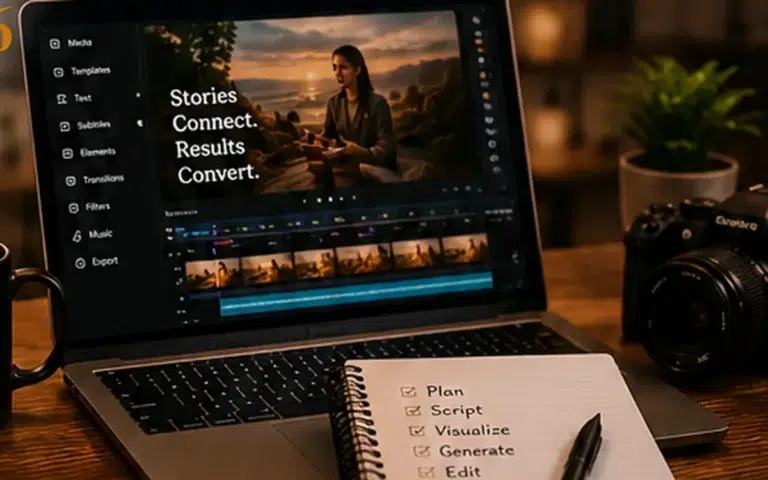 Warm AI video creation workspace with laptop, camera and production notes representing a complete planning-to-publishing workflow.