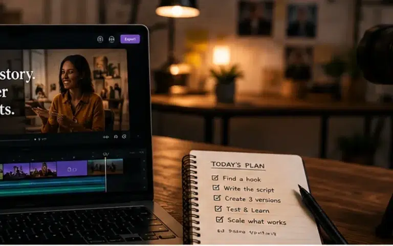 Warm video production workspace with a laptop editing timeline and handwritten planning notes for a small AI video tool stack.