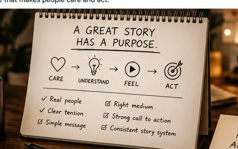 Warm creative storytelling workspace with notebook, camera and visual planning materials focused on story purpose.