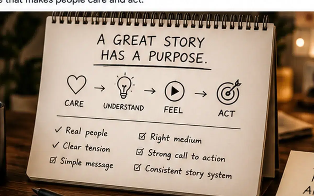 Creative Storytelling: 7 Principles That Make Ideas Stick 1 Warm creative storytelling workspace with notebook, camera and visual planning materials focused on story purpose.