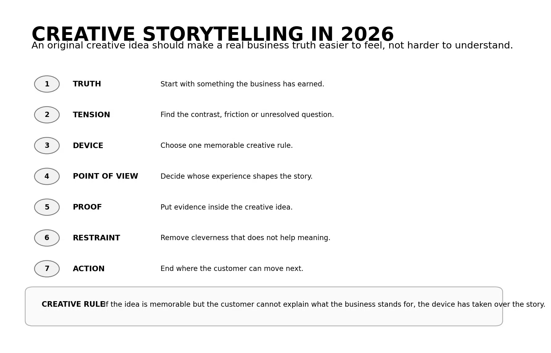 Creative Storytelling: 7 Principles That Make Ideas Stick 2 Figure 1. Seven principles of creative storytelling: truth, tension, device, point of view, proof, restraint and action.