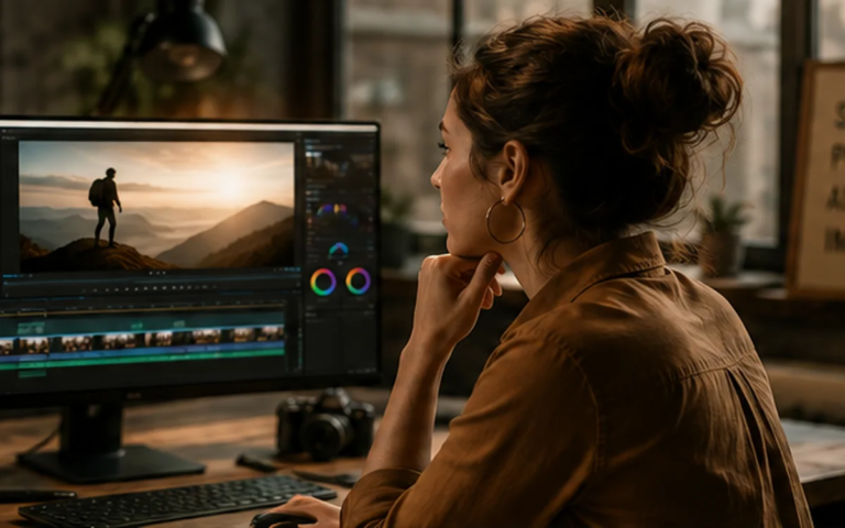 Warm media production workspace with a creator reviewing video beside camera equipment, representing media storytelling across formats.