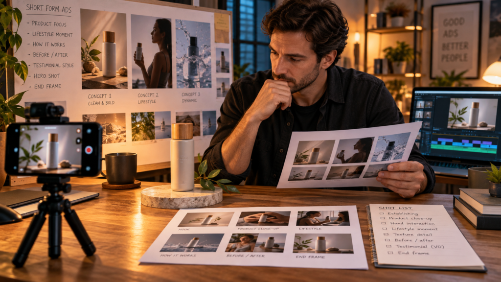 Musecut AI Review: 5 Product Ad Formats, 7 Checks Before You Scale in 2026 1 Human creative director reviewing product ad storyboards and a shot list before AI-assisted video generation