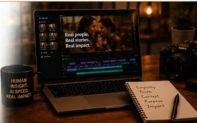 Warm storytelling workspace with human notes, laptop and camera representing human-guided AI storytelling.