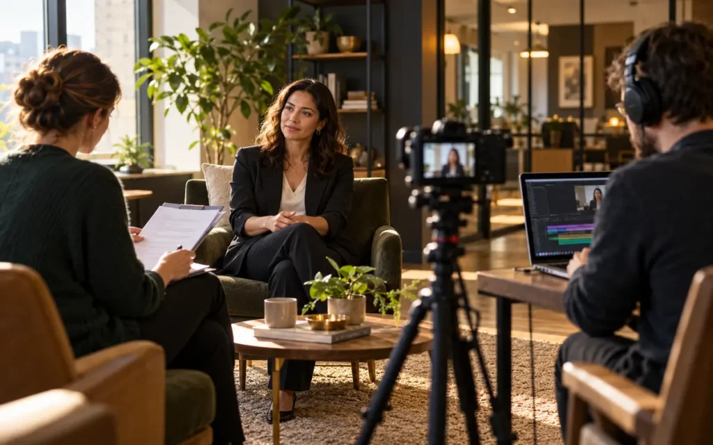 AI Video Testimonials A Consent and Proof Guide for Service Firms 2 Customer interview filmed with a consent checklist and human producer for an AI-assisted video testimonial