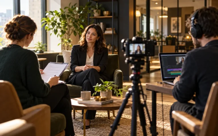 Customer interview filmed with a consent checklist and human producer for an AI-assisted video testimonial