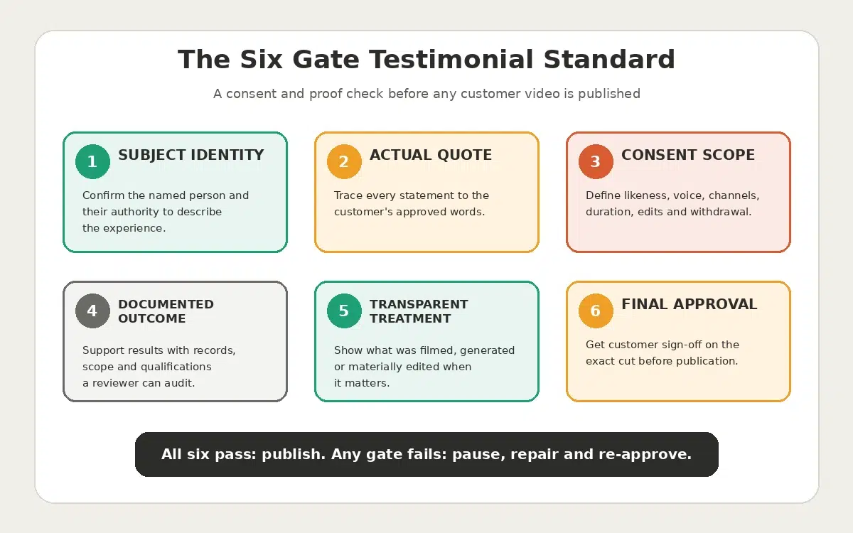 AI Video Testimonials A Consent and Proof Guide for Service Firms 2 Six-gate framework covering subject identity, actual quote, consent scope, documented outcome, transparent treatment and final approval