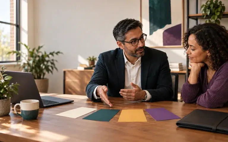 Accounting advisor and business owner discussing four client question cards at a consultation table