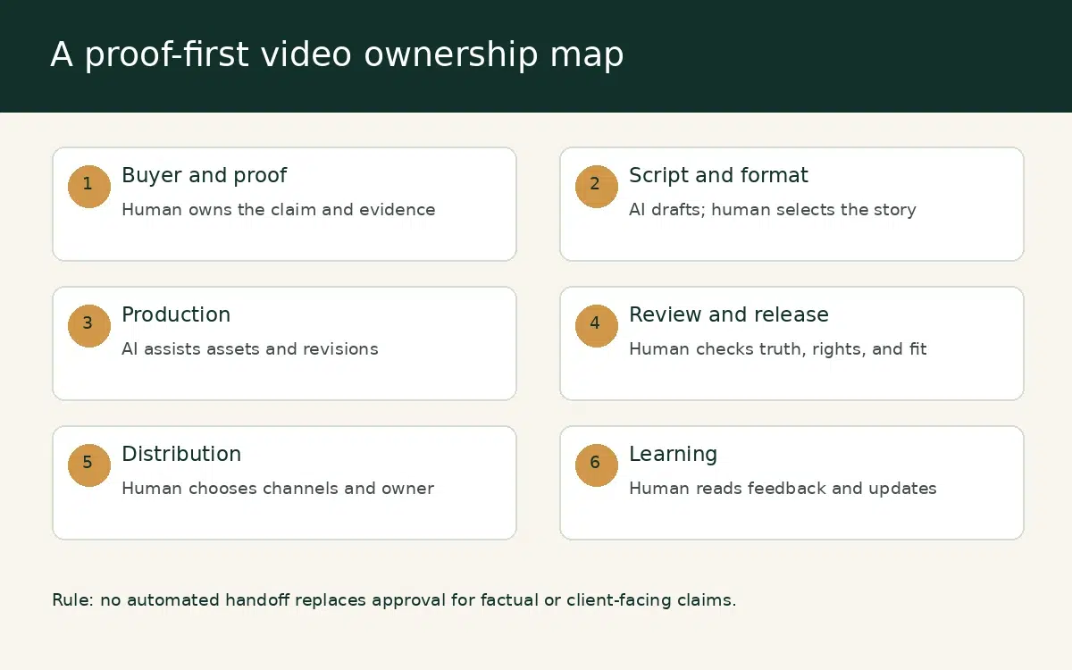 AI Video Production for Small Business: A Proof-First Workflow and Ownership Map 2 Ownership map assigning source, story, technical, brand and release responsibilities across a proof-first AI video workflow