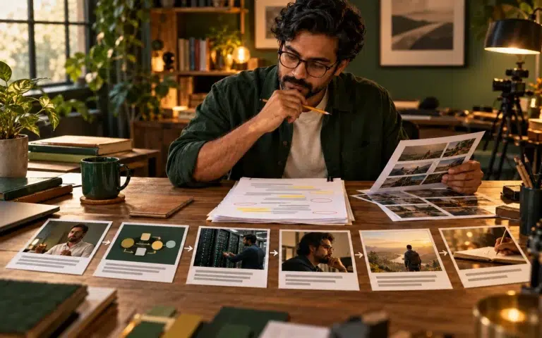 Technical-services creative director reviews a script and six storyboard frames for script-to-video AI fidelity.