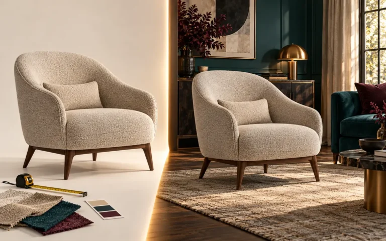 Roominate interior design generator fidelity comparison showing one chair in a studio and a styled room.