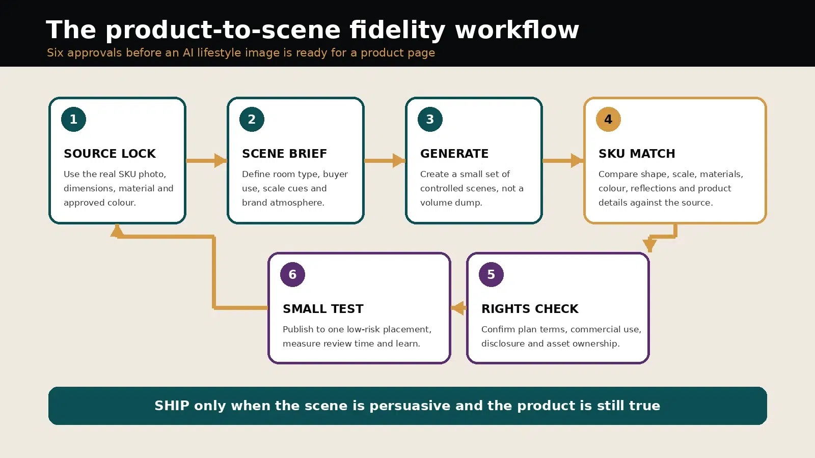 Roominate Interior Design Generator Review with 6 Fidelity Checks 2 Six-step product-to-scene fidelity workflow from source lock through a low-risk publishing test